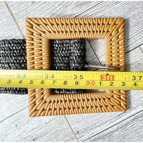 Square Wooden Buckle Straw Rattan Elastic Belt Womens One Size Brown/Black - Picture 13 of 13